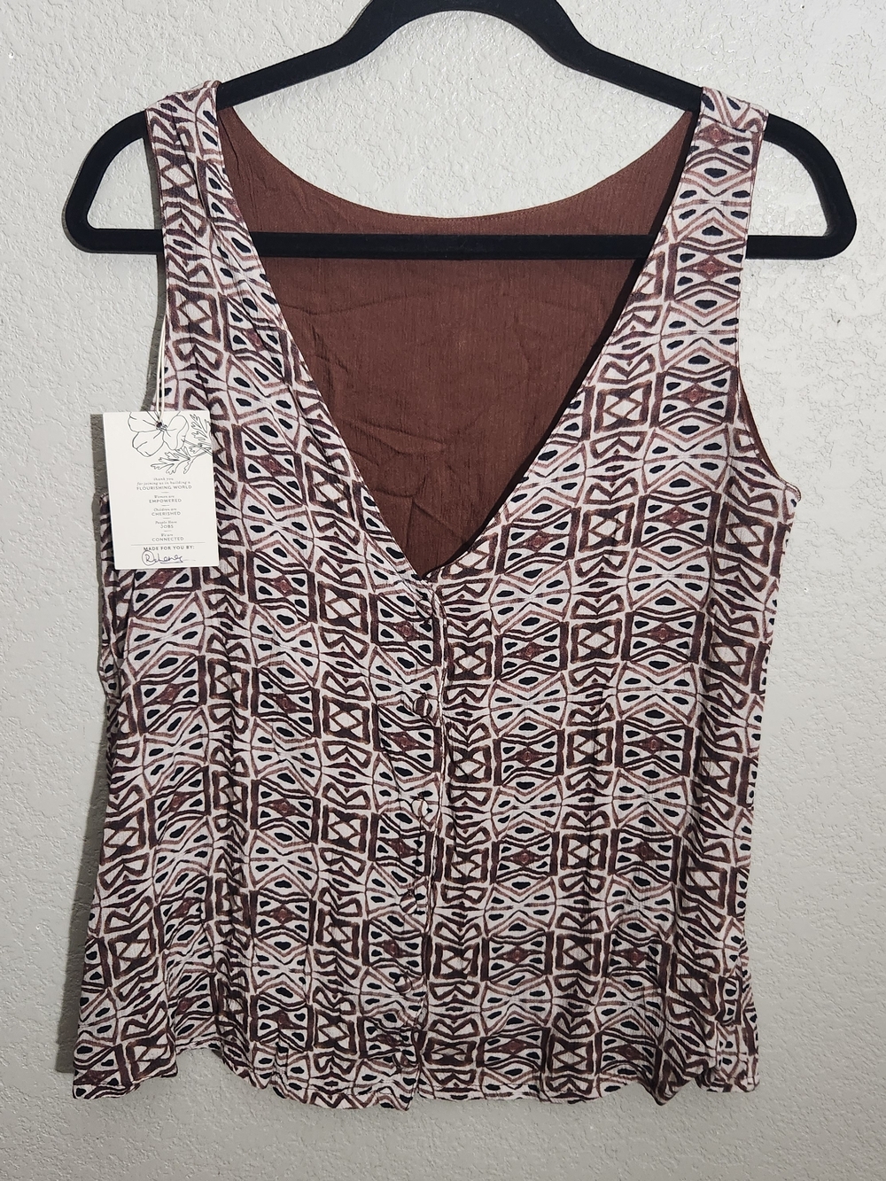 Noonday Collection Brown and Cream Geometric Button-Front Sleeveless Top